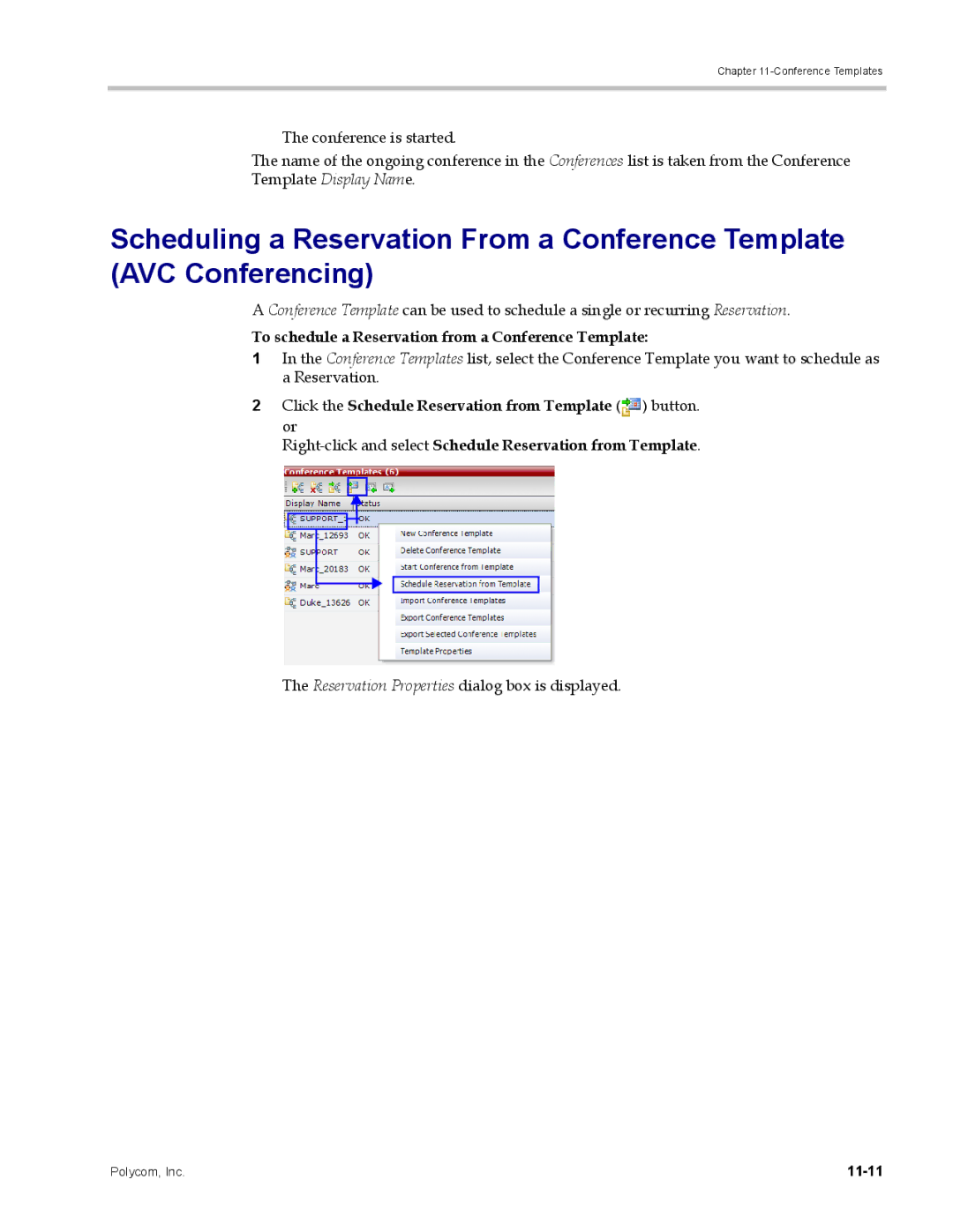 Polycom DOC2702A To schedule a Reservation from a Conference Template, Reservation Properties dialog box is displayed 