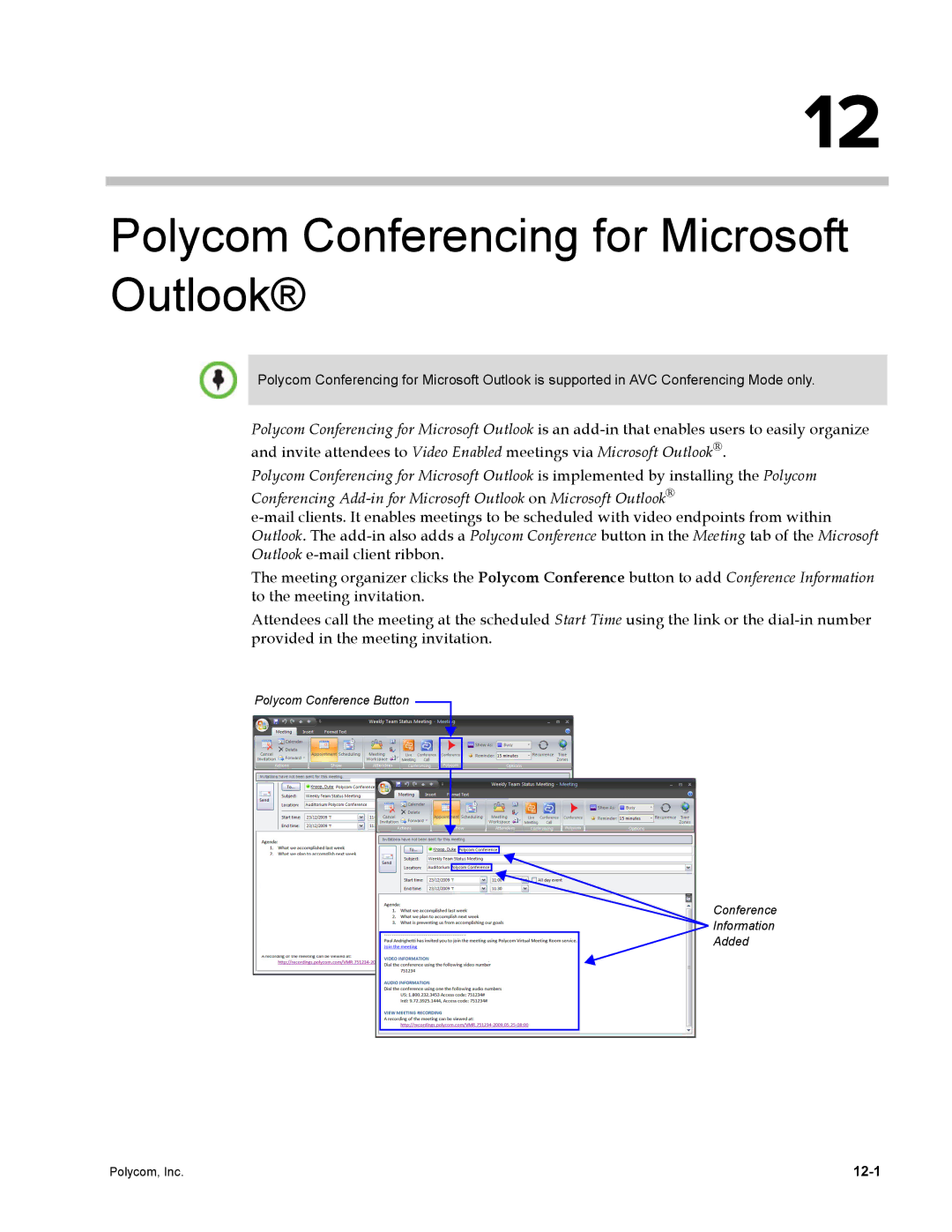 Polycom DOC2702A, RMX 1500 manual Polycom Conferencing for Microsoft Outlook, 12-1 