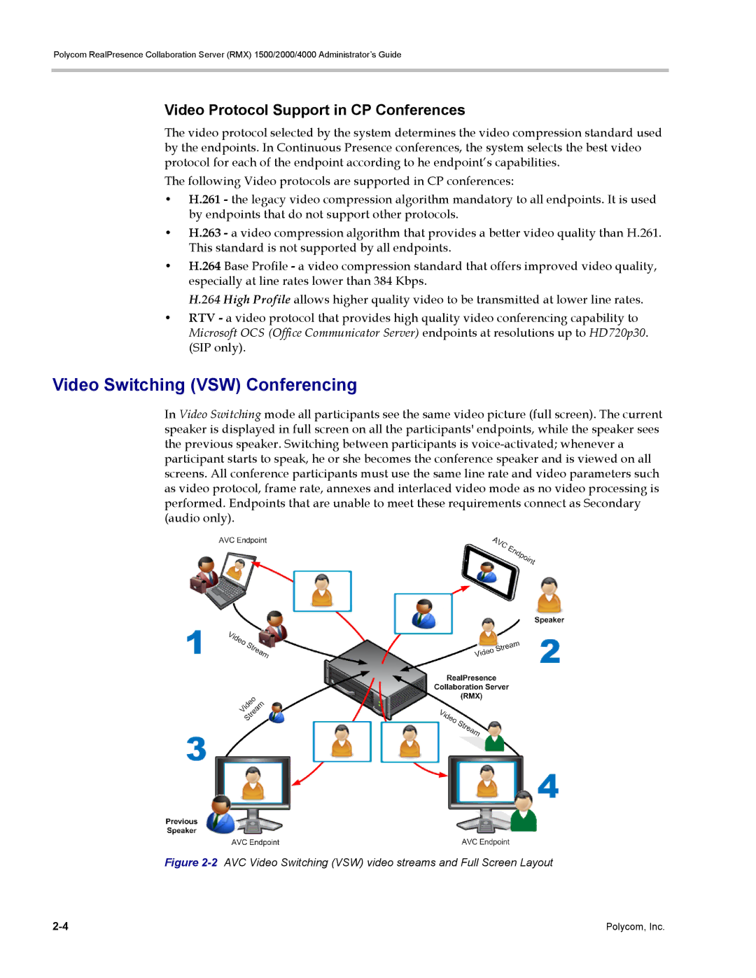 Polycom RMX 1500, DOC2702A manual Video Switching VSW Conferencing, Video Protocol Support in CP Conferences 