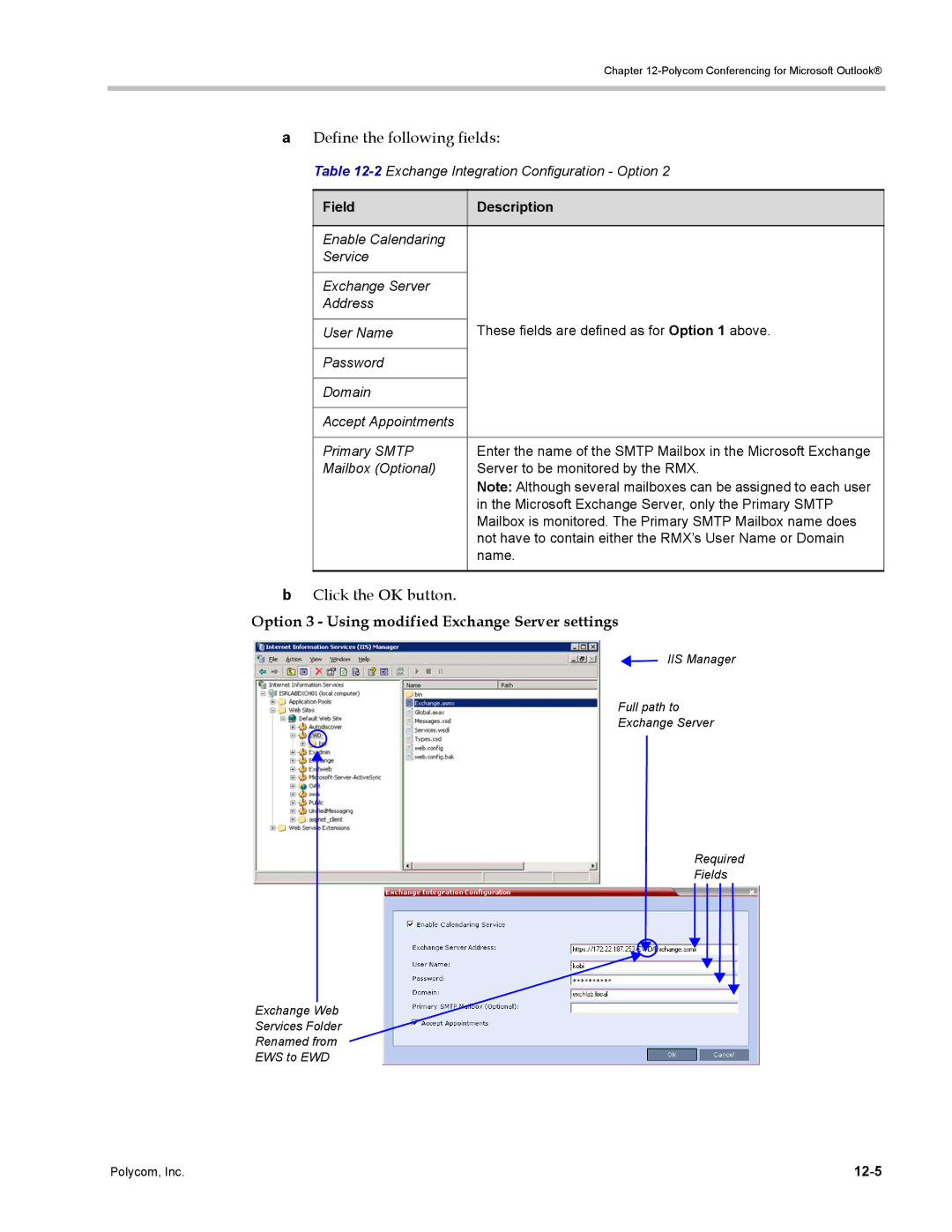 Polycom DOC2702A manual Option 3 Using modified Exchange Server settings, 2Exchange Integration Configuration Option, 12-5 