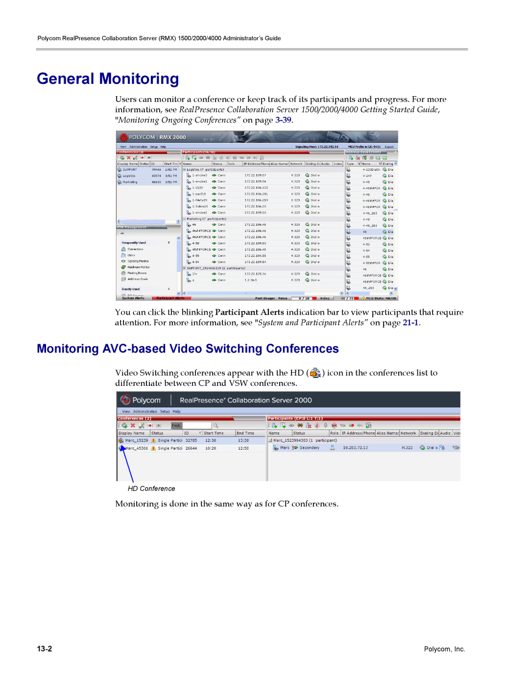 Polycom RMX 1500, DOC2702A manual General Monitoring, Monitoring AVC-based Video Switching Conferences 