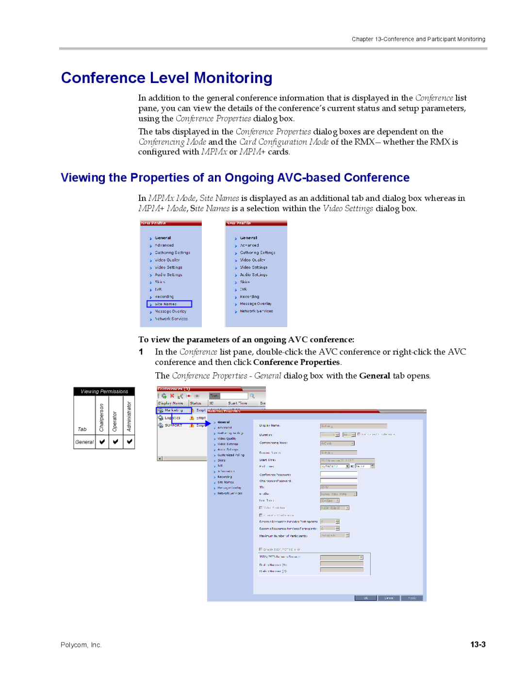 Polycom DOC2702A, RMX 1500 Conference Level Monitoring, Viewing the Properties of an Ongoing AVC-based Conference, 13-3 