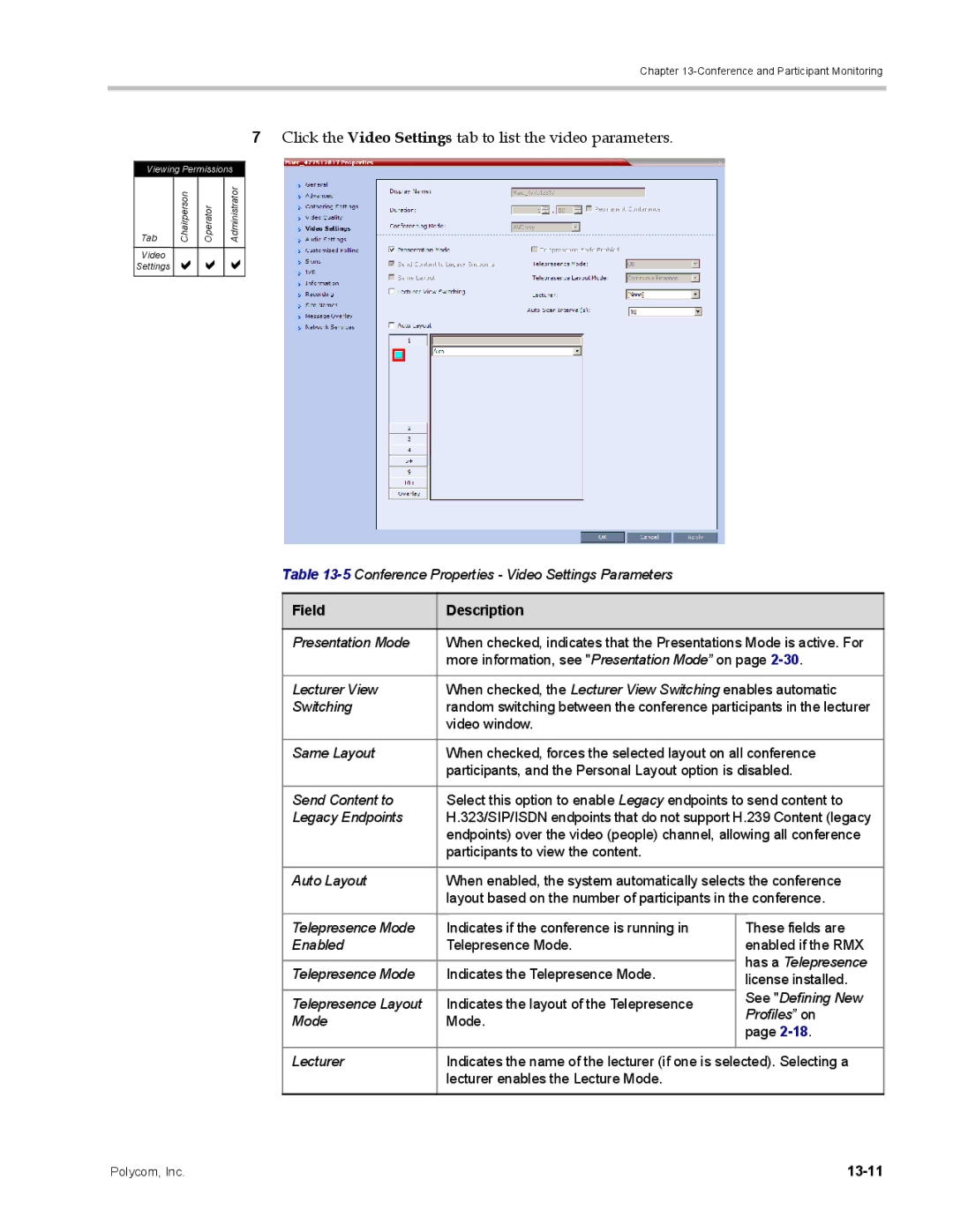 Polycom DOC2702A, RMX 1500 manual Click the Video Settings tab to list the video parameters, 13-11 