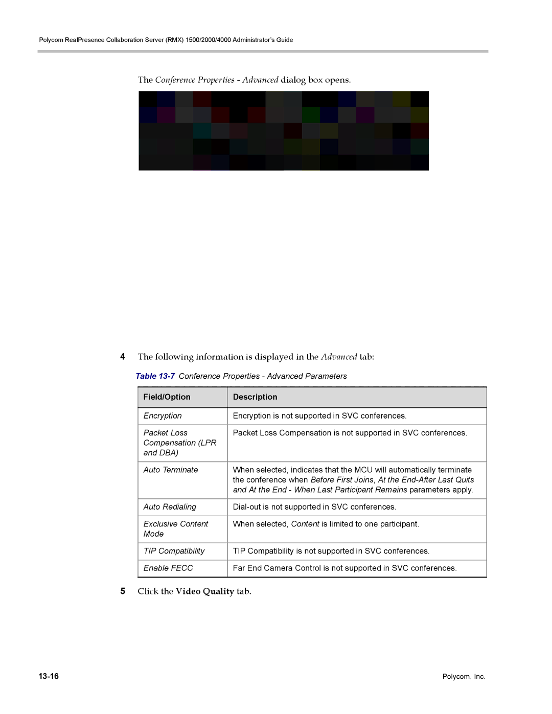 Polycom RMX 1500, DOC2702A Conference Properties Advanced dialog box opens, 7Conference Properties Advanced Parameters 