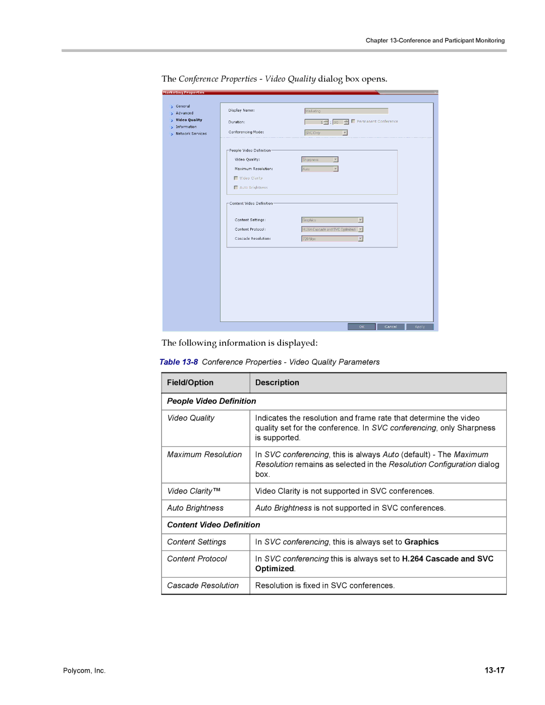 Polycom DOC2702A 8Conference Properties Video Quality Parameters, Field/Option Description People Video Definition, 13-17 