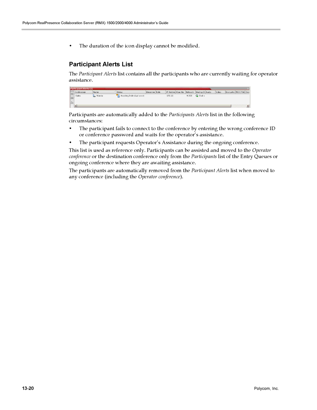 Polycom RMX 1500, DOC2702A manual Participant Alerts List, Duration of the icon display cannot be modified 