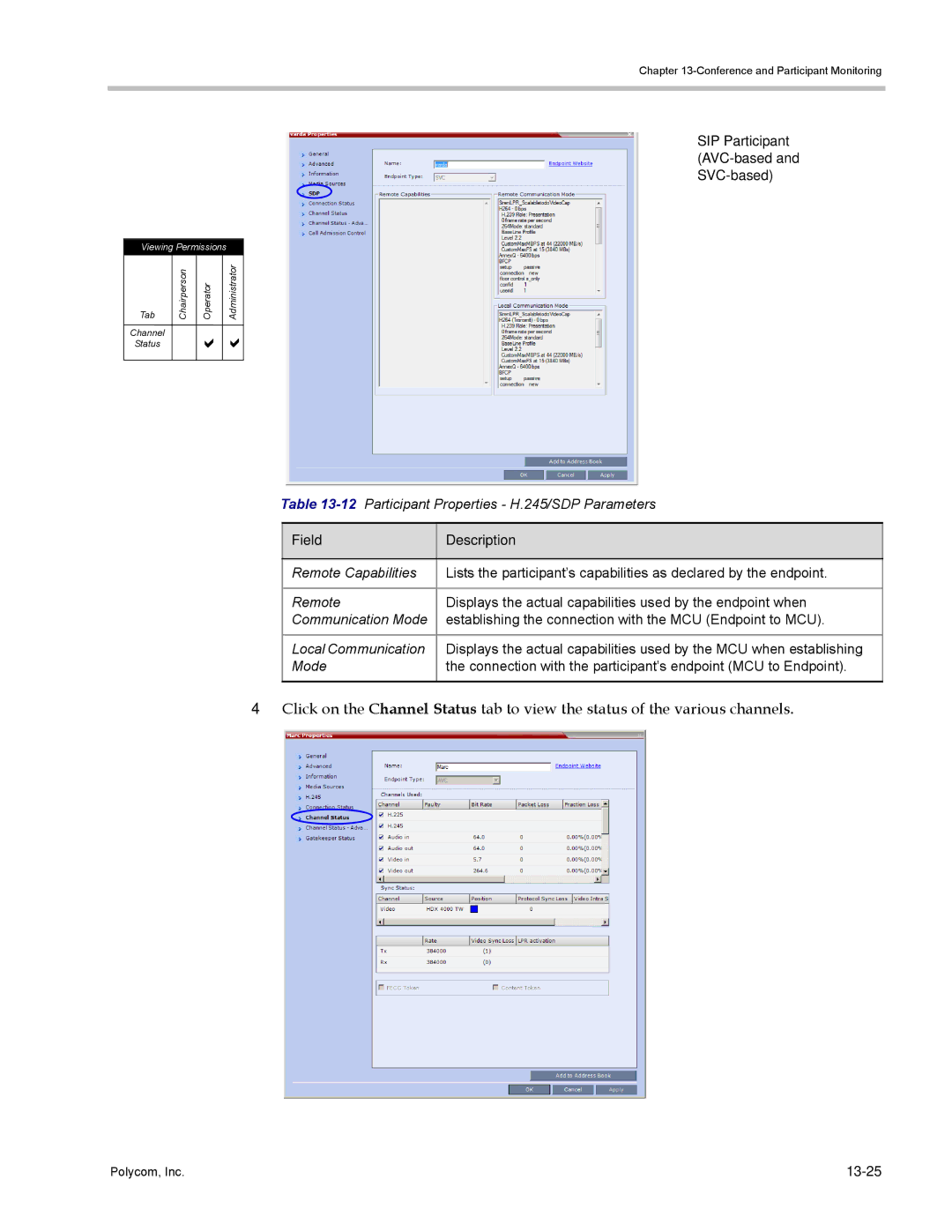 Polycom DOC2702A, RMX 1500 SIP Participant AVC-based and SVC-based, 12Participant Properties H.245/SDP Parameters, 13-25 