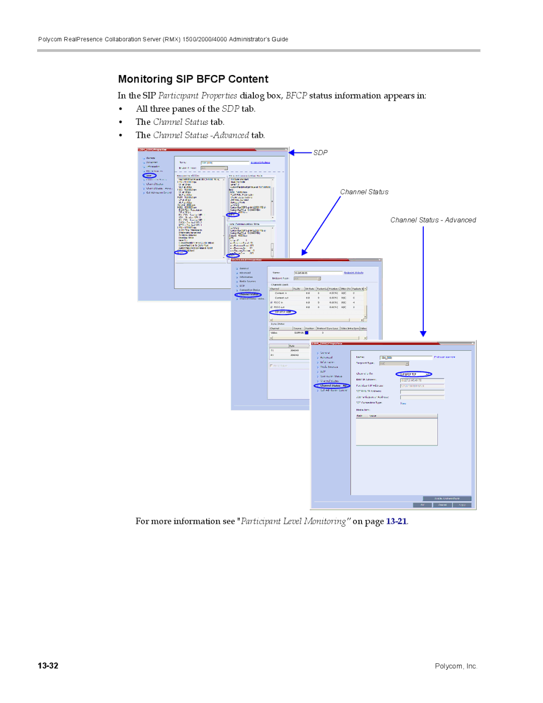 Polycom RMX 1500, DOC2702A manual Monitoring SIP Bfcp Content, Channel Status tab Channel Status -Advanced tab 