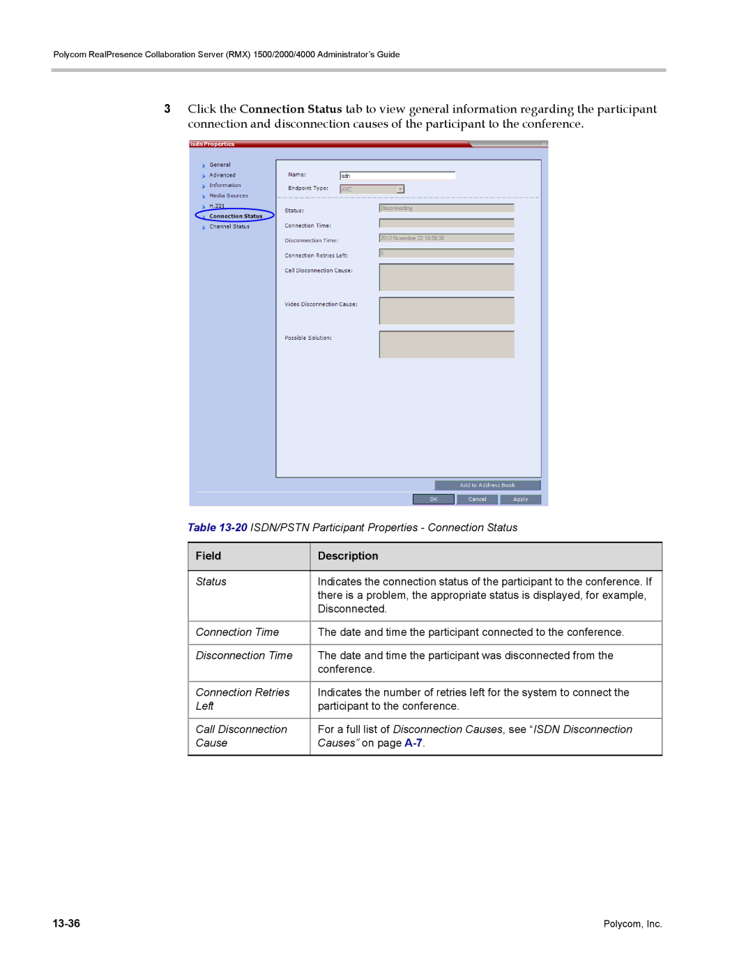 Polycom RMX 1500, DOC2702A manual 20ISDN/PSTN Participant Properties Connection Status 