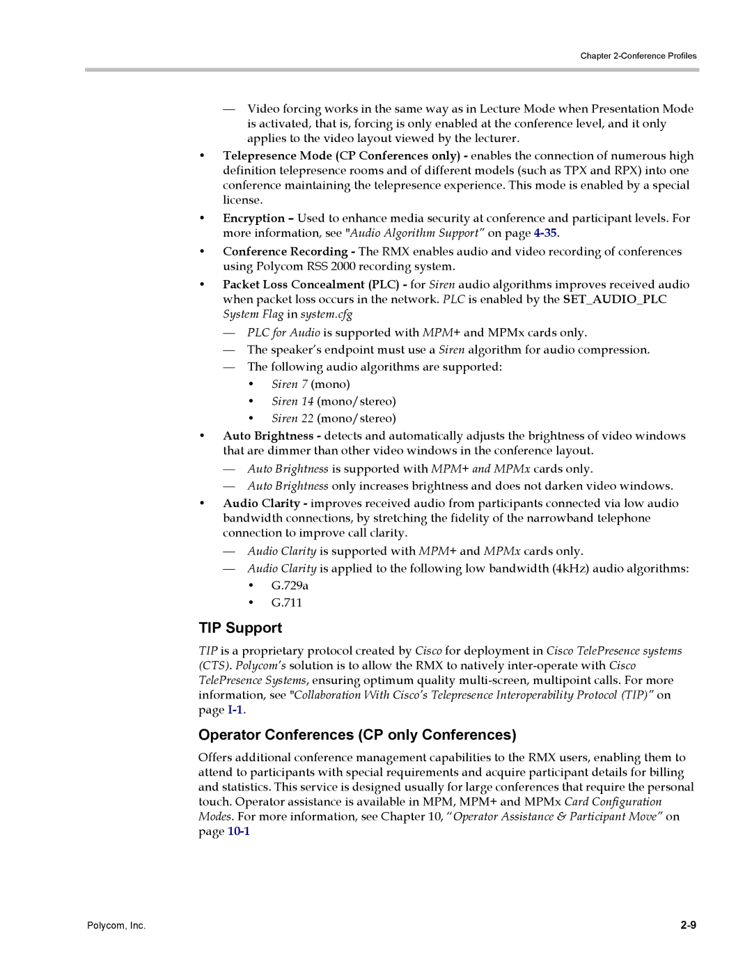 Polycom DOC2702A, RMX 1500 manual TIP Support, Operator Conferences CP only Conferences, Siren 7 mono 
