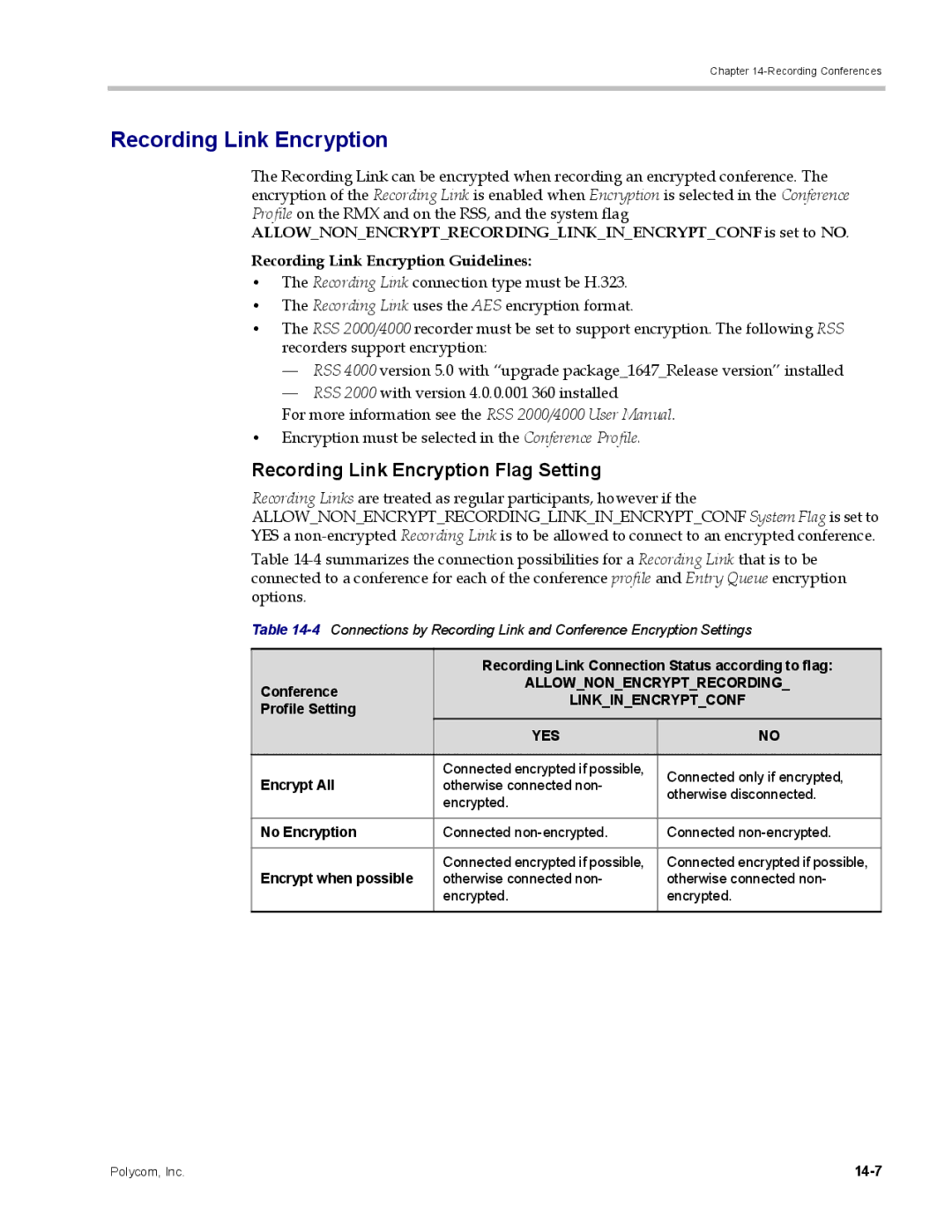 Polycom DOC2702A, RMX 1500 manual Recording Link Encryption Flag Setting, Recording Link Encryption Guidelines, 14-7 