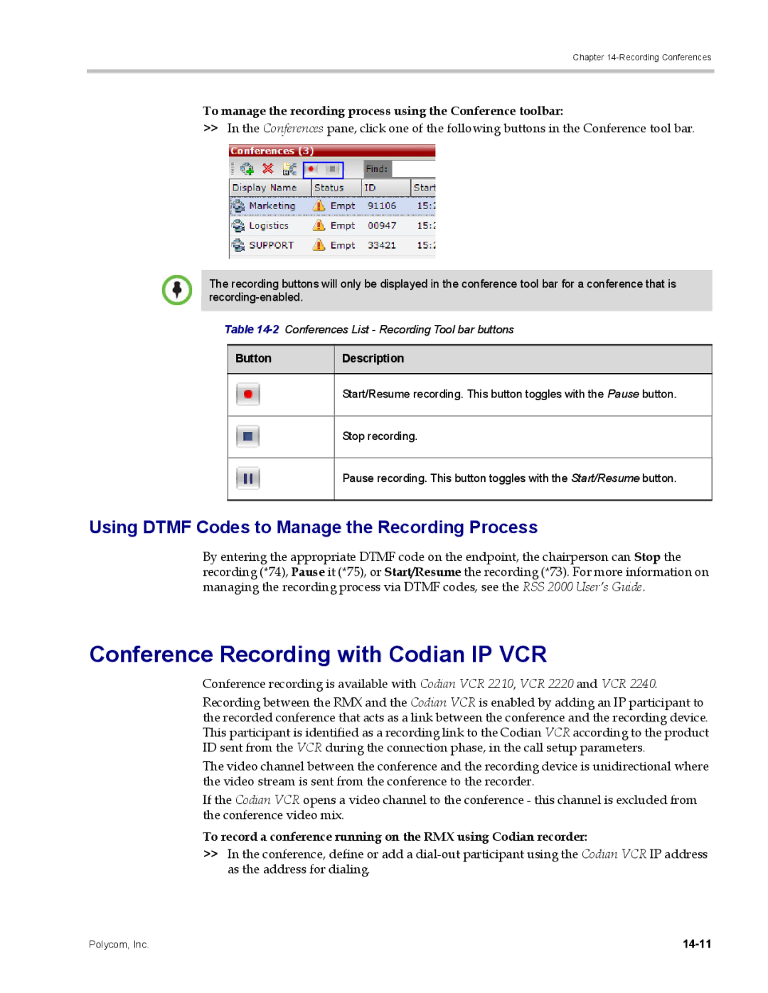 Polycom DOC2702A manual Conference Recording with Codian IP VCR, Using Dtmf Codes to Manage the Recording Process, 14-11 