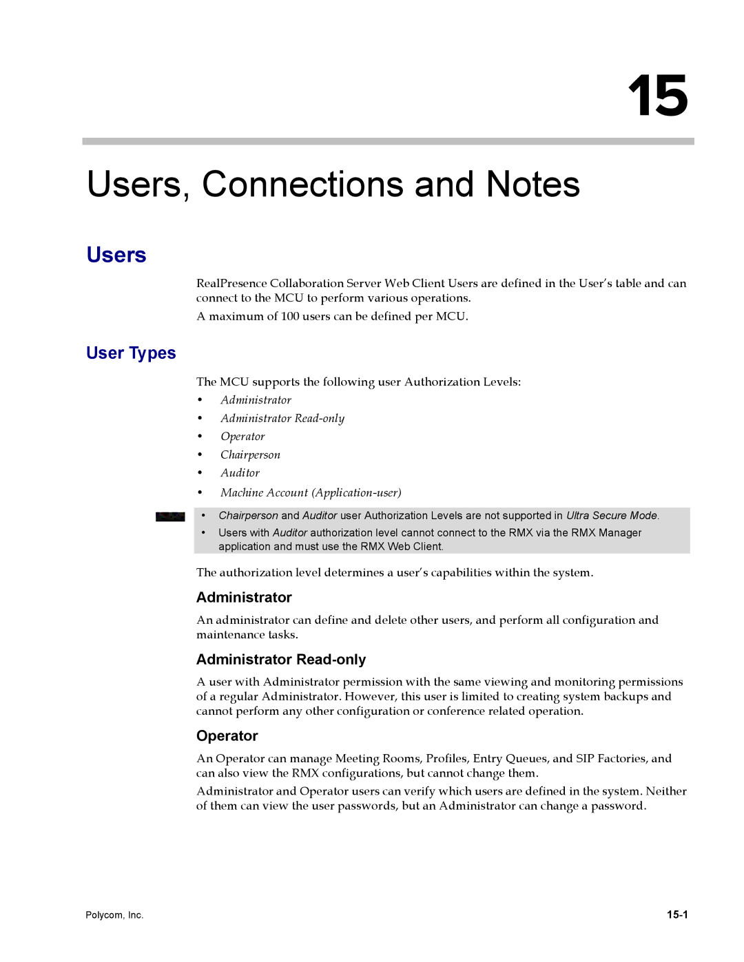 Polycom DOC2702A, RMX 1500 manual Users, Connections and Notes, User Types 