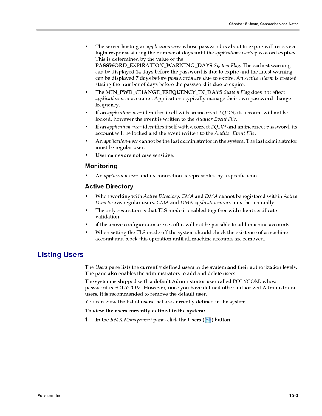 Polycom DOC2702A, RMX 1500 Listing Users, Monitoring, Active Directory, To view the users currently defined in the system 