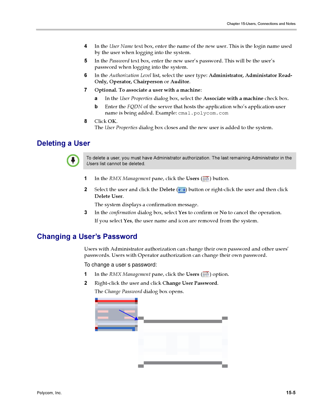 Polycom DOC2702A, RMX 1500 Deleting a User, Changing a User’s Password, Optional. To associate a user with a machine, 15-5 