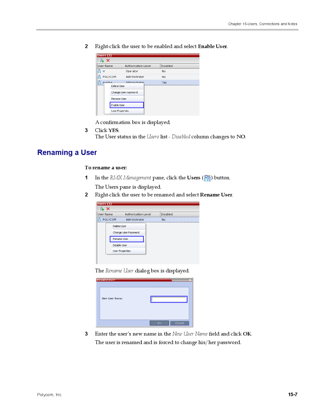 Polycom DOC2702A, RMX 1500 manual Renaming a User, To rename a user, 15-7 