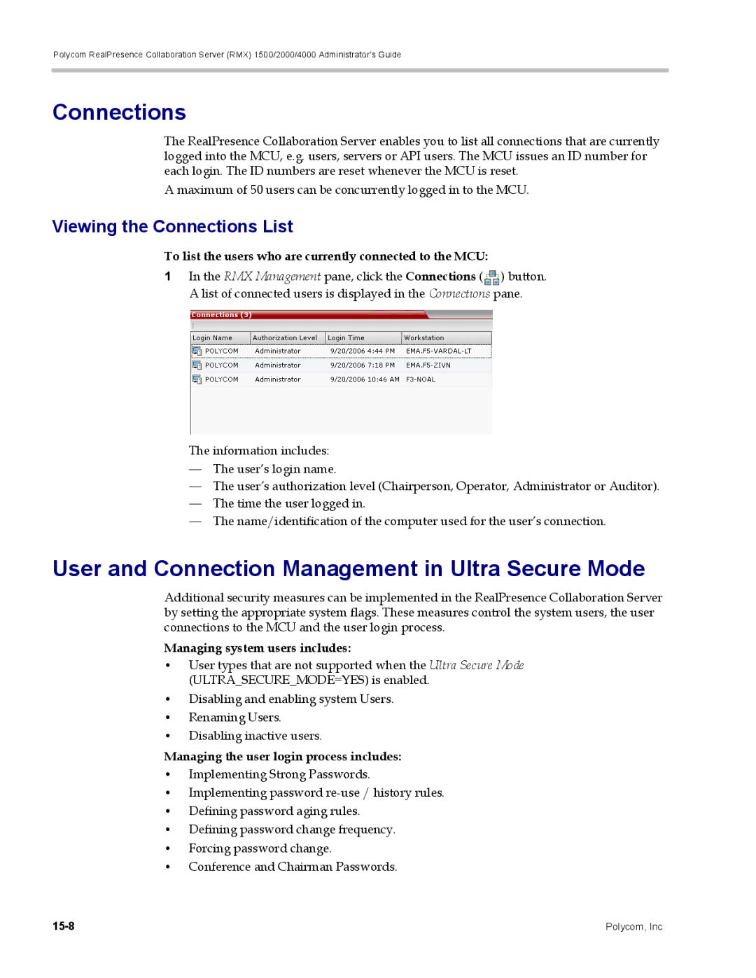 Polycom RMX 1500, DOC2702A manual User and Connection Management in Ultra Secure Mode, Viewing the Connections List 