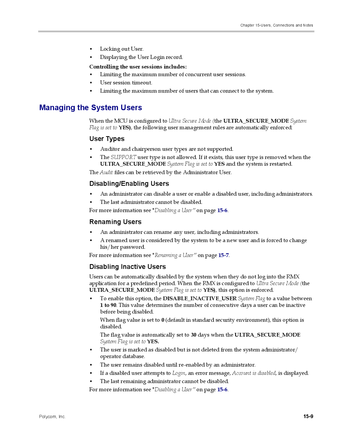 Polycom DOC2702A Managing the System Users, User Types, Disabling/Enabling Users, Renaming Users, Disabling Inactive Users 