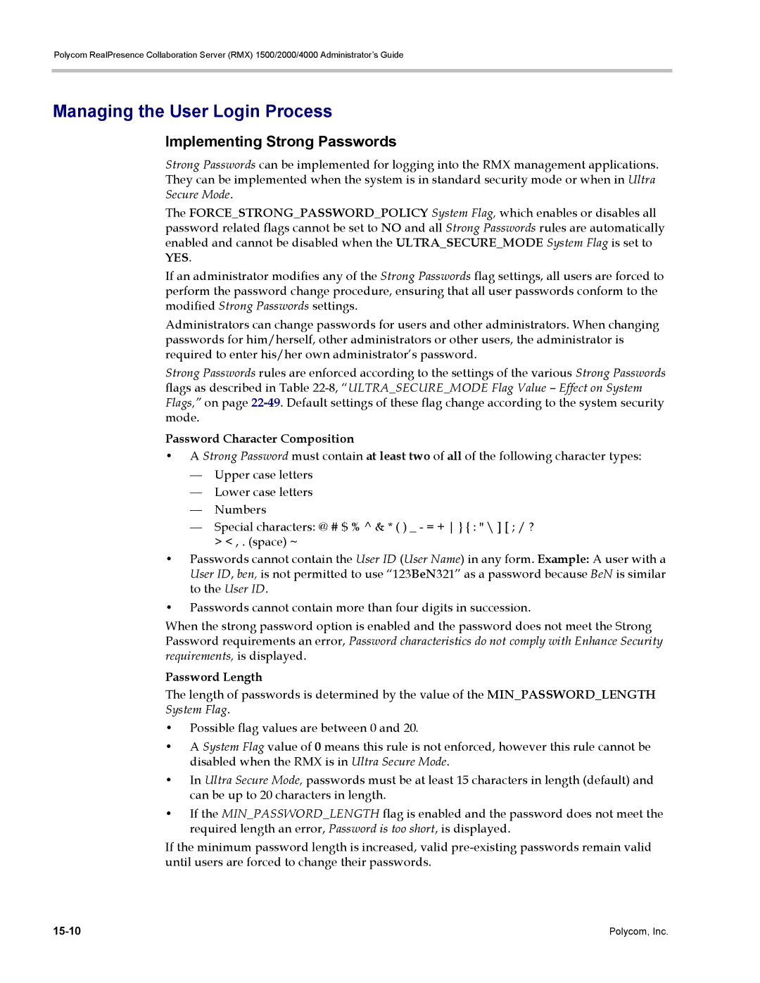 Polycom RMX 1500, DOC2702A Managing the User Login Process, Implementing Strong Passwords, Password Character Composition 