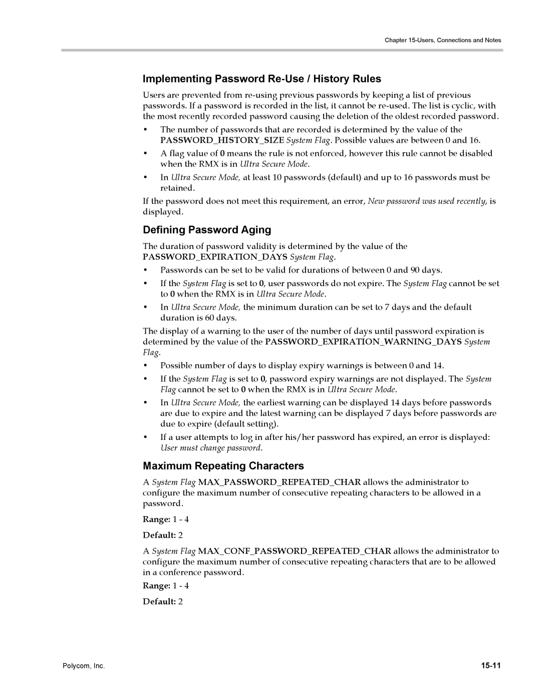 Polycom DOC2702A manual Implementing Password Re-Use / History Rules, Defining Password Aging, Maximum Repeating Characters 