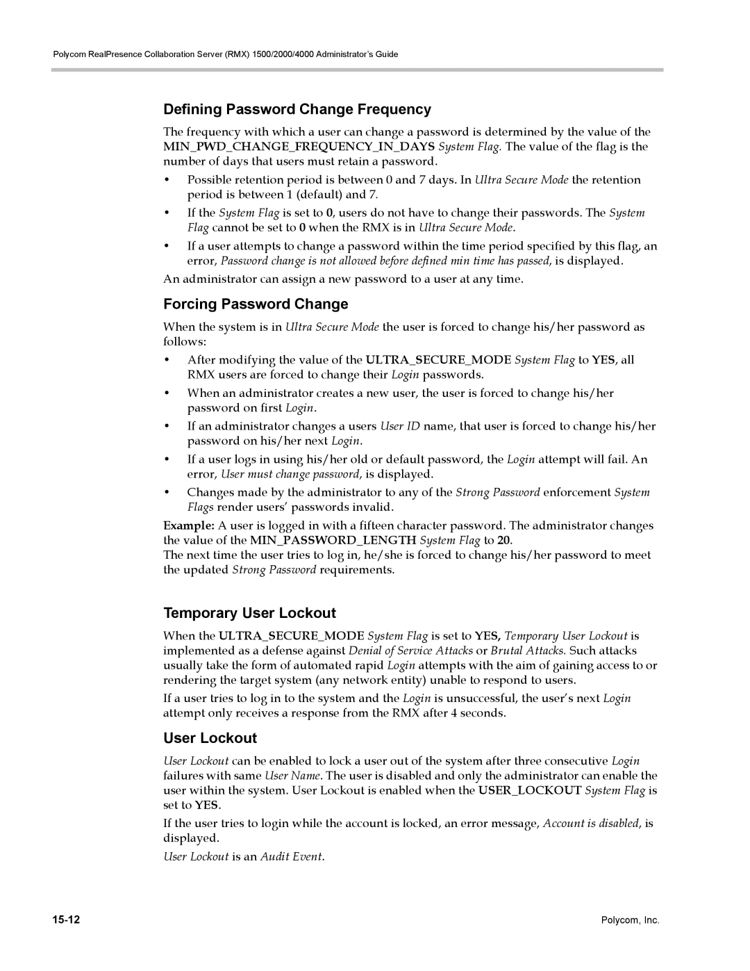 Polycom RMX 1500, DOC2702A manual Defining Password Change Frequency, Forcing Password Change, Temporary User Lockout 