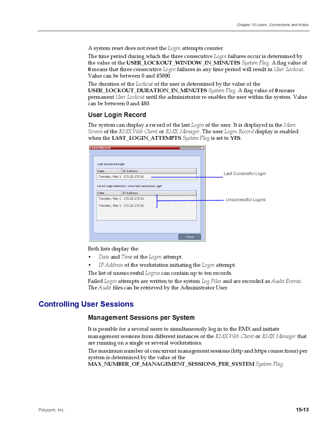 Polycom DOC2702A, RMX 1500 manual Controlling User Sessions, User Login Record, Management Sessions per System, 15-13 