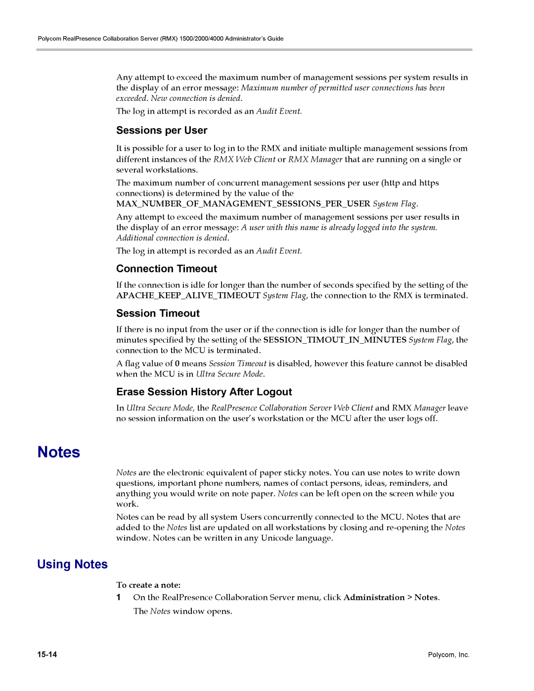 Polycom RMX 1500 Using Notes, Sessions per User, Connection Timeout, Session Timeout, Erase Session History After Logout 