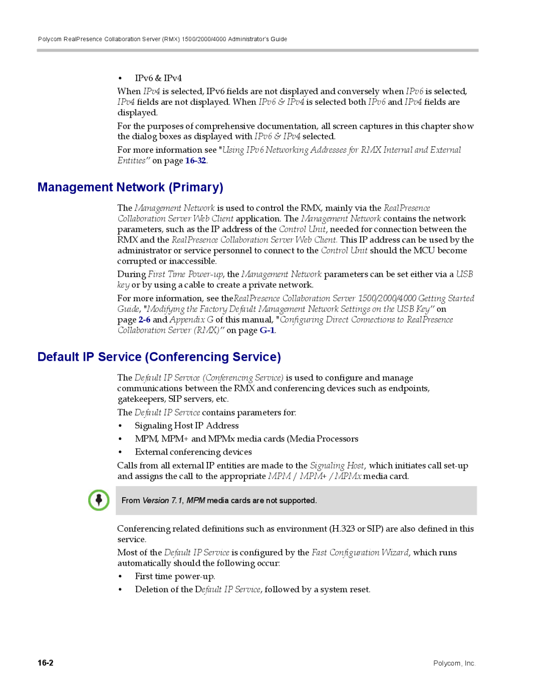 Polycom RMX 1500, DOC2702A manual Management Network Primary, Default IP Service Conferencing Service 