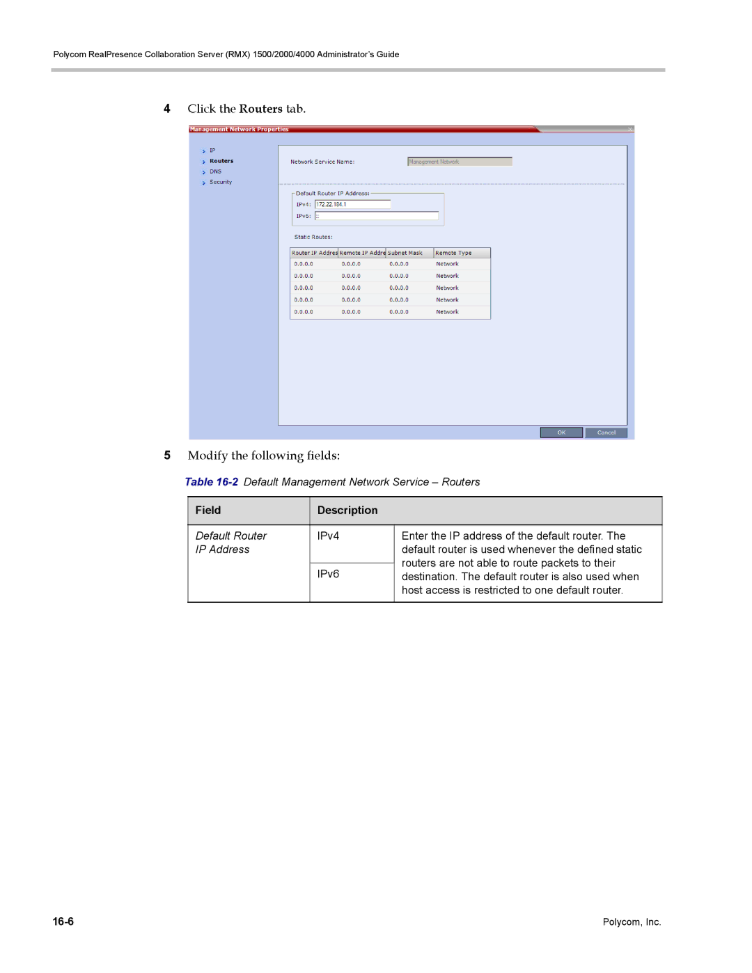 Polycom RMX 1500, DOC2702A Click the Routers tab Modify the following fields, 2Default Management Network Service Routers 