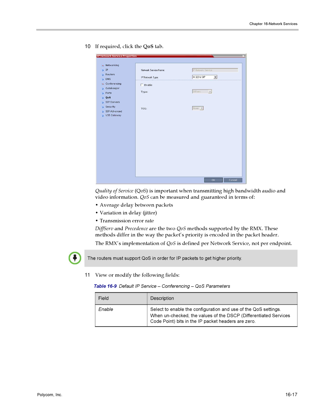 Polycom DOC2702A, RMX 1500 manual 9Default IP Service Conferencing QoS Parameters, Field, Enable, 16-17 