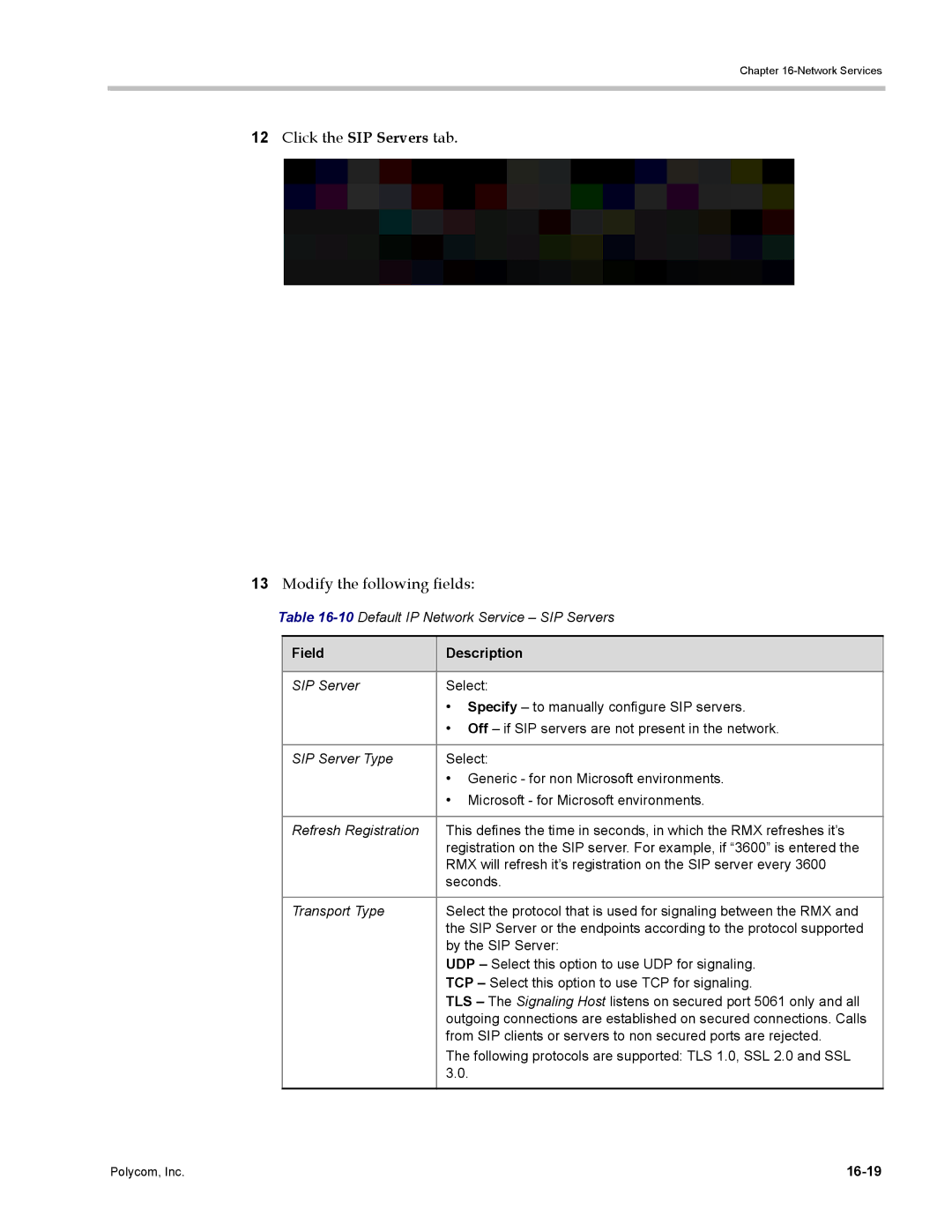 Polycom DOC2702A Click the SIP Servers tab Modify the following fields, 10Default IP Network Service SIP Servers, 16-19 