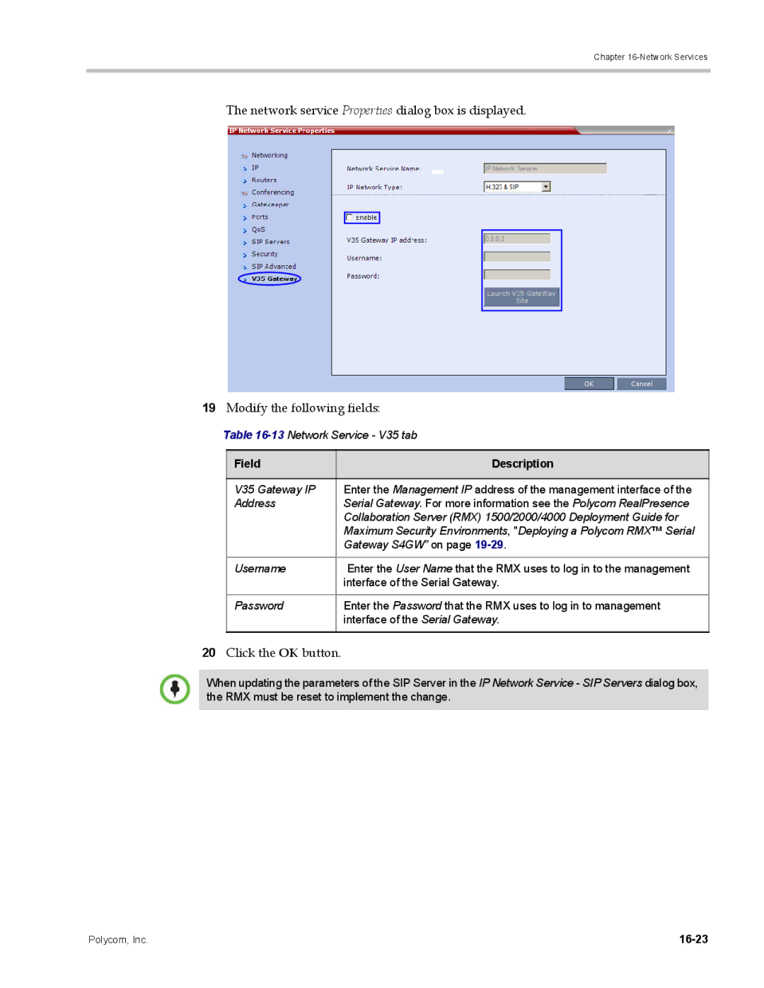 Polycom DOC2702A, RMX 1500 manual 13Network Service V35 tab, 16-23 