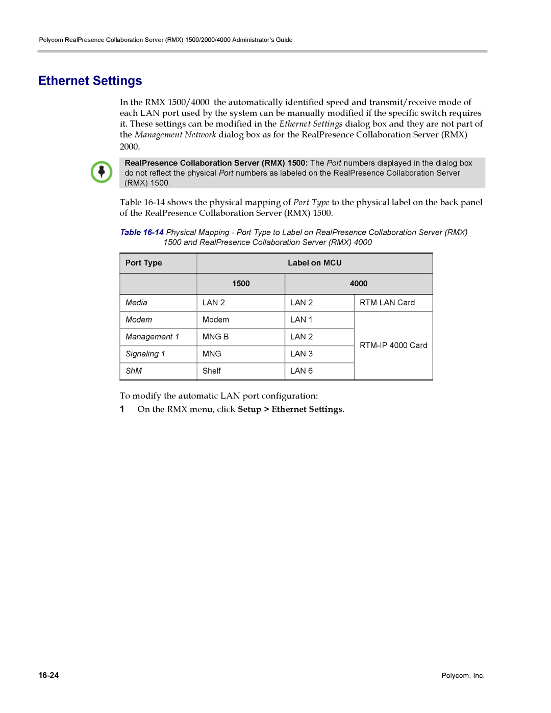 Polycom RMX 1500 manual Ethernet Settings, To modify the automatic LAN port configuration, Port Type Label on MCU 1500 4000 