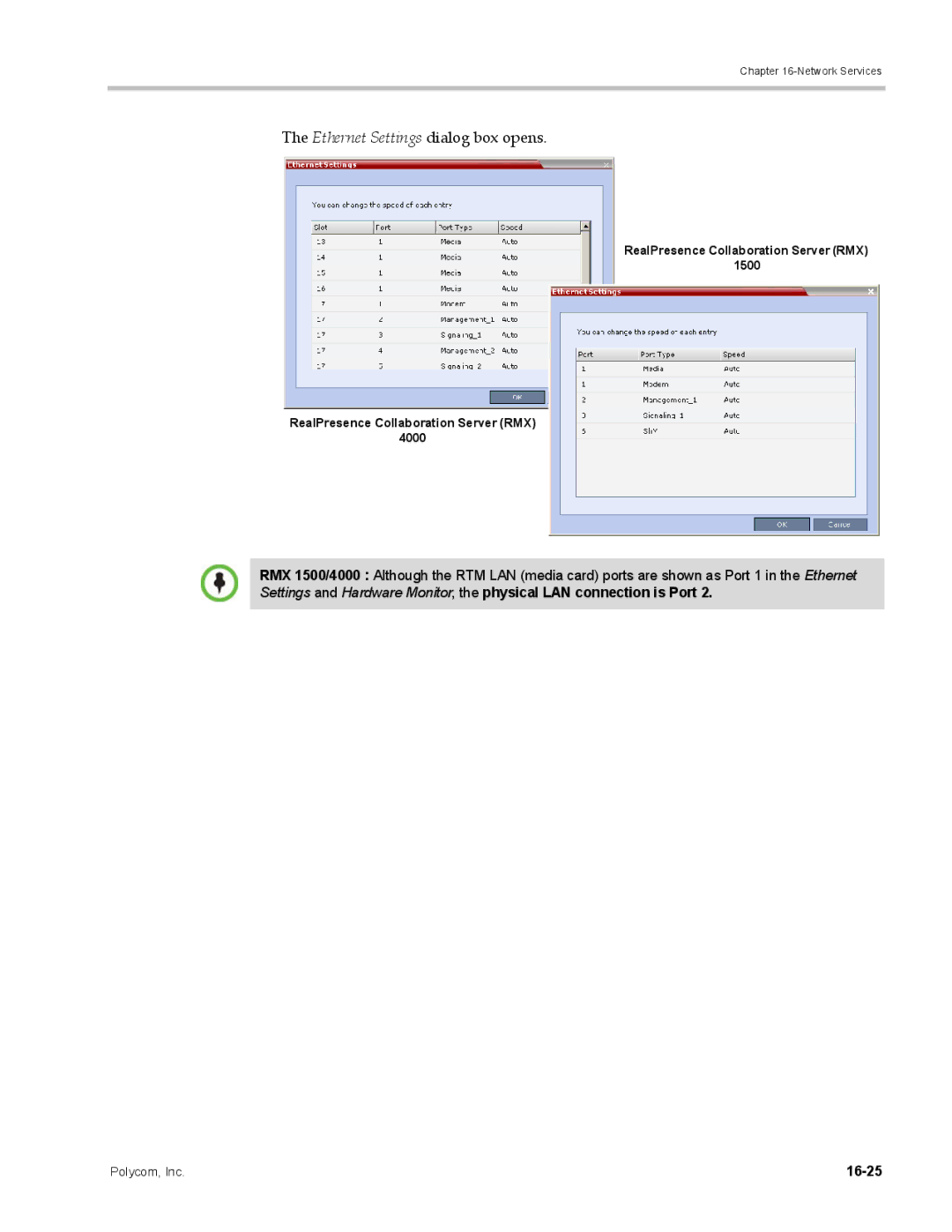 Polycom DOC2702A, RMX 1500 manual Ethernet Settings dialog box opens, 16-25 