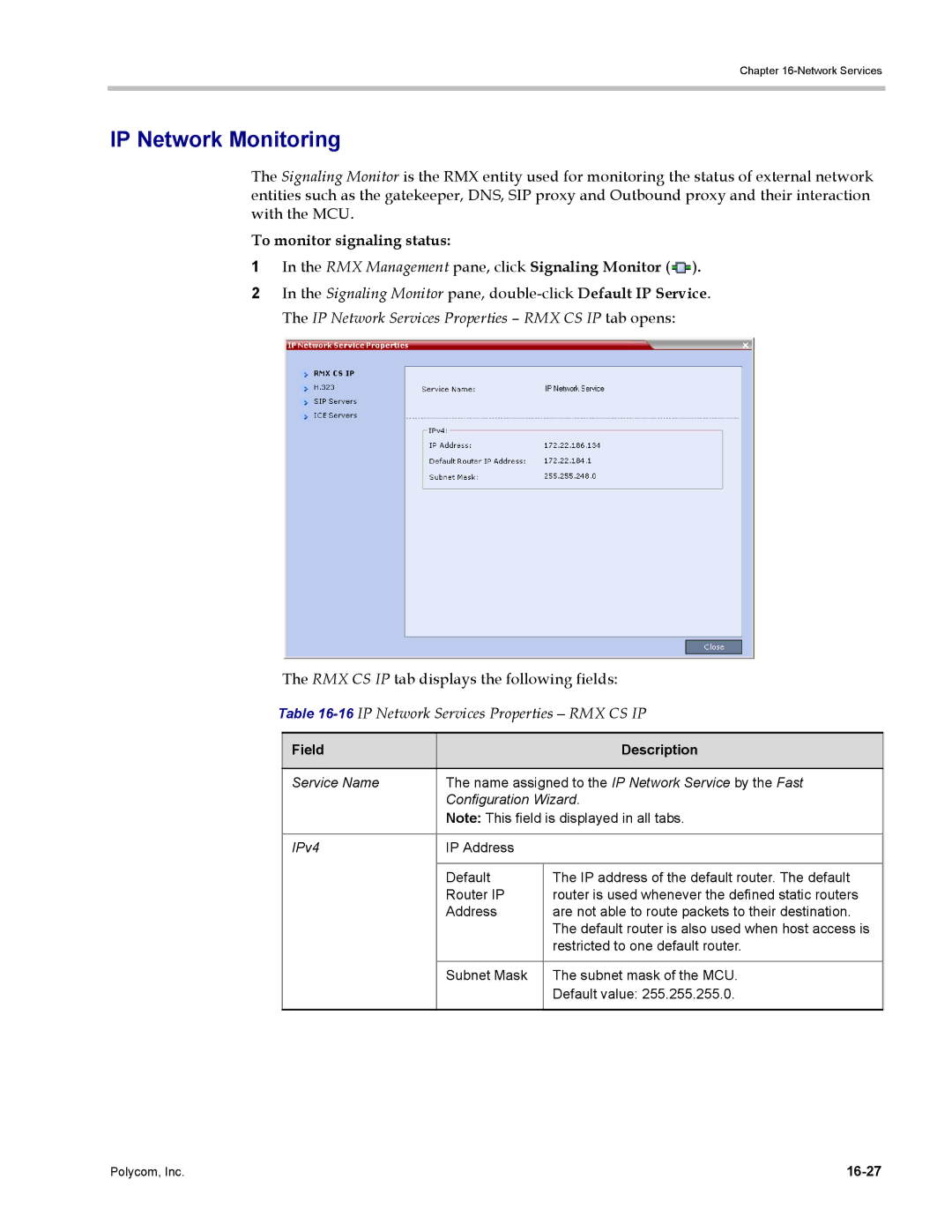 Polycom DOC2702A IP Network Monitoring, To monitor signaling status, 16IP Network Services Properties RMX CS IP, 16-27 