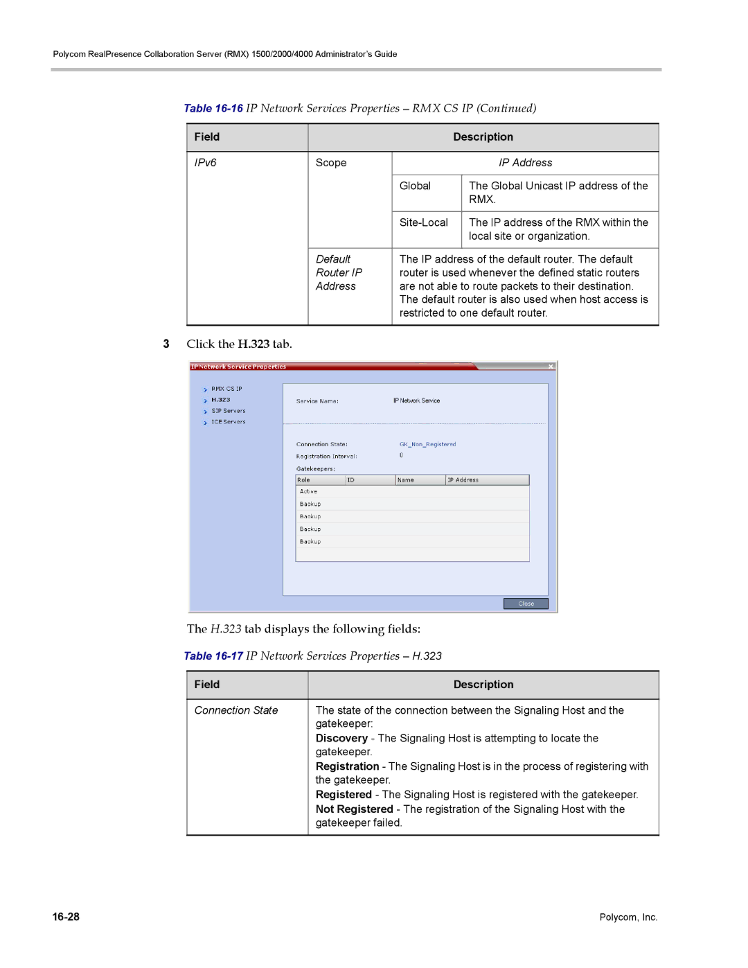 Polycom RMX 1500 manual Click the H.323 tab H.323 tab displays the following fields, 17IP Network Services Properties H.323 