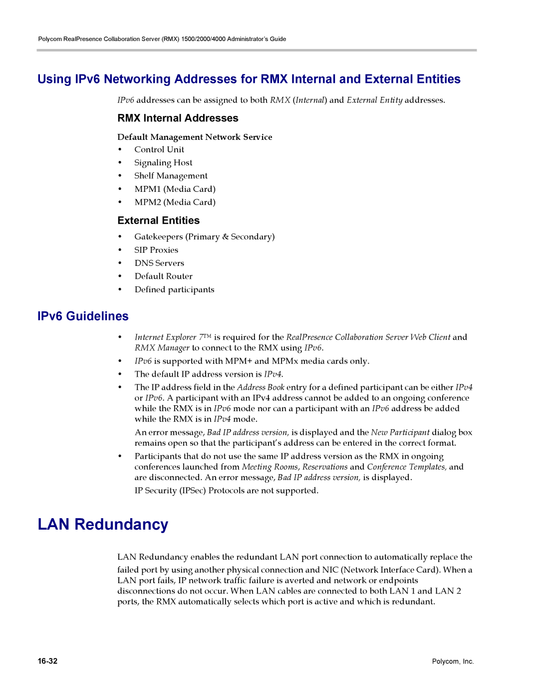 Polycom RMX 1500, DOC2702A manual LAN Redundancy, IPv6 Guidelines, RMX Internal Addresses, External Entities 