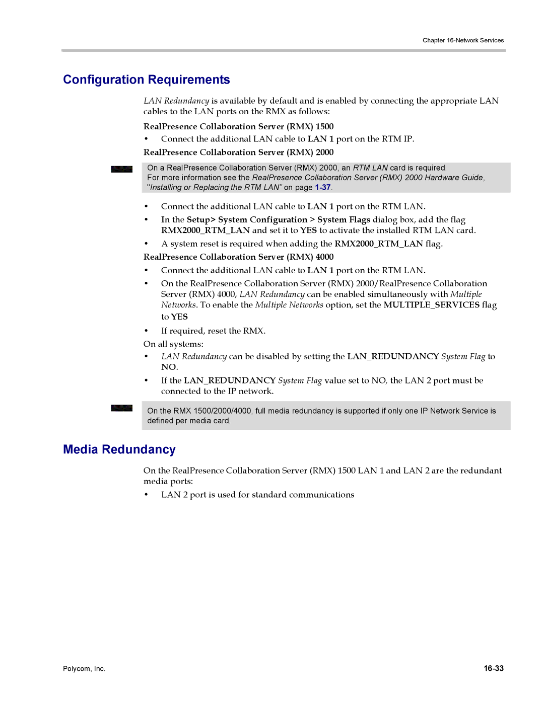 Polycom DOC2702A, RMX 1500 manual Configuration Requirements, Media Redundancy, RealPresence Collaboration Server RMX, 16-33 