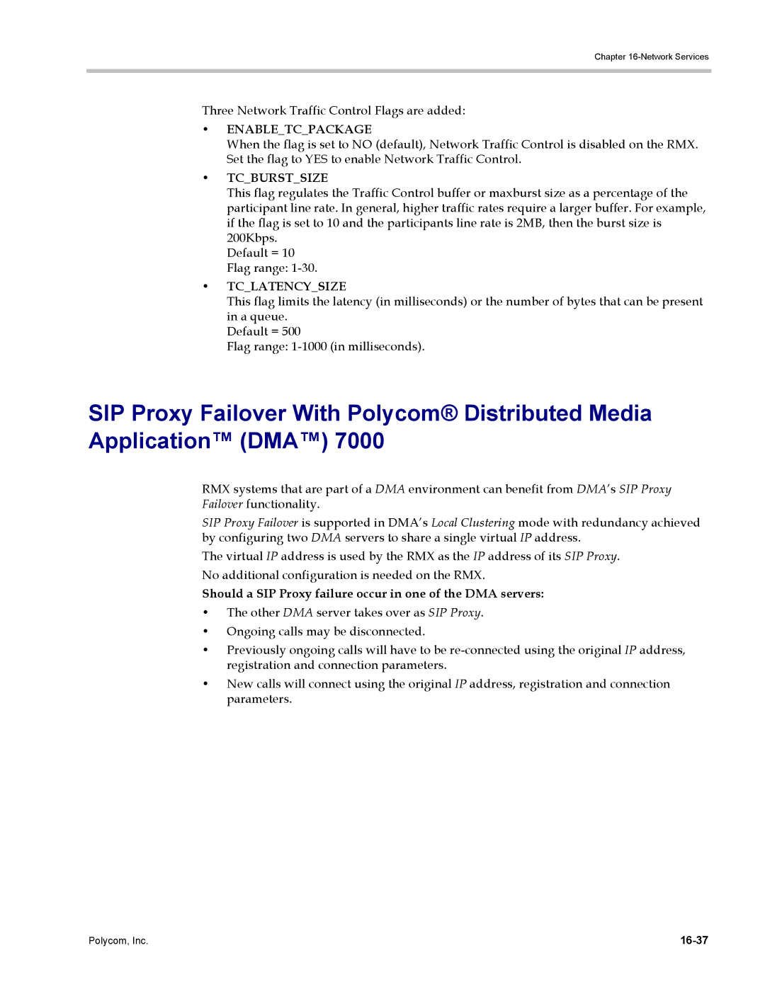 Polycom DOC2702A Three Network Traffic Control Flags are added, Should a SIP Proxy failure occur in one of the DMA servers 