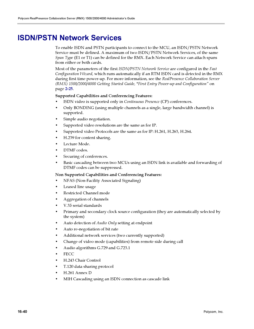 Polycom RMX 1500, DOC2702A manual ISDN/PSTN Network Services, Supported Capabilities and Conferencing Features 