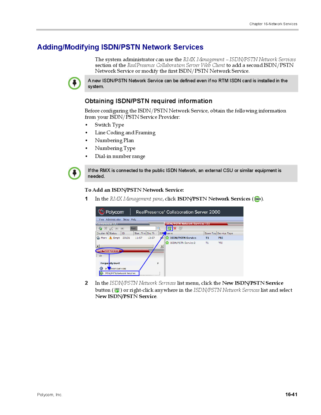 Polycom DOC2702A, RMX 1500 Adding/Modifying ISDN/PSTN Network Services, Obtaining ISDN/PSTN required information, 16-41 