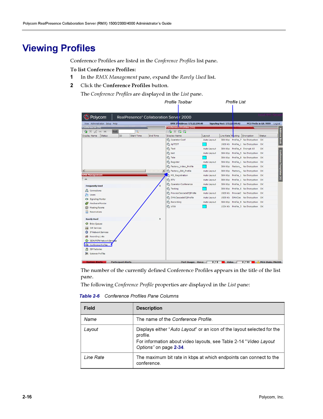 Polycom RMX 1500, DOC2702A Viewing Profiles, To list Conference Profiles, RMX Management pane, expand the Rarely Used list 