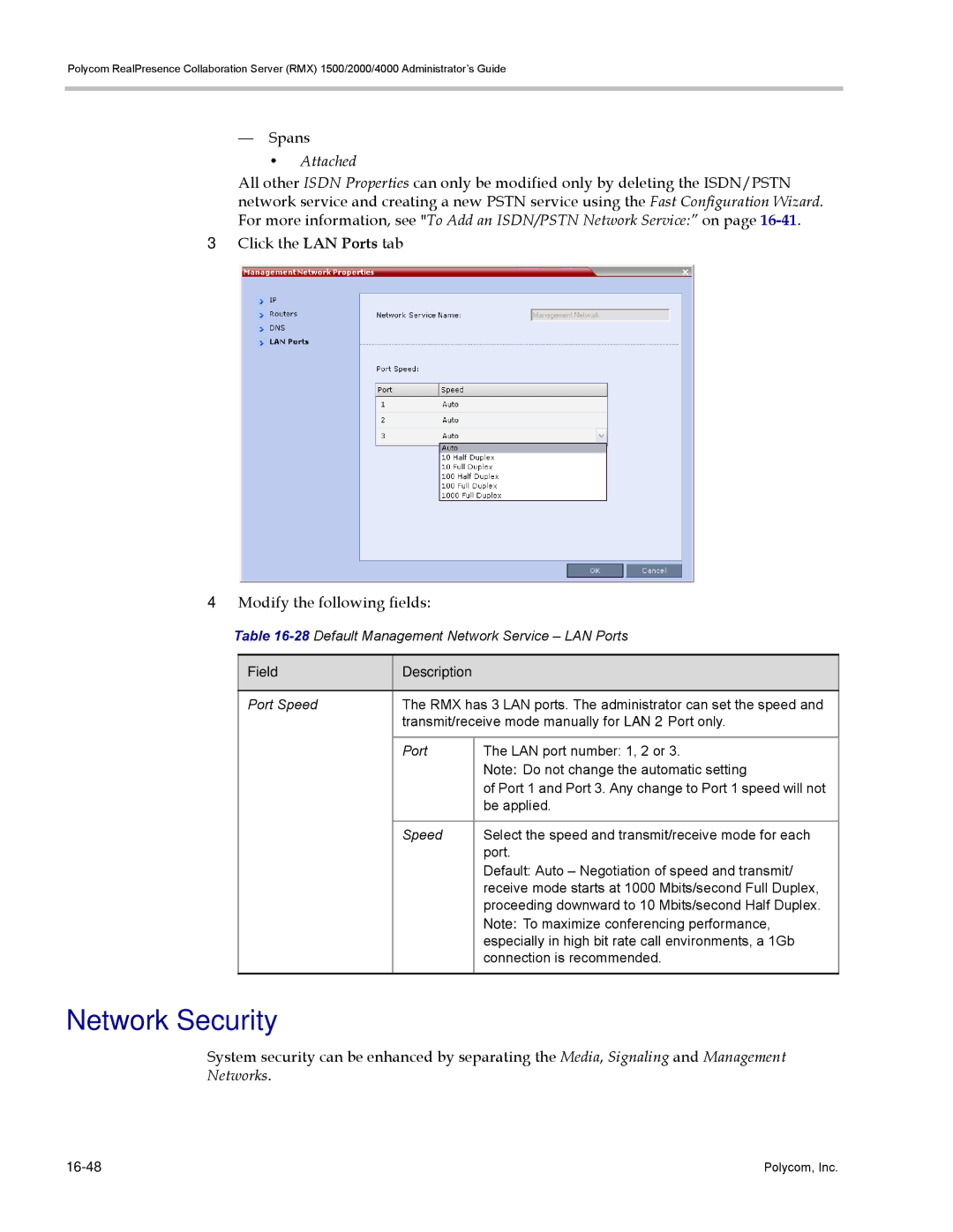 Polycom RMX 1500, DOC2702A Network Security, Spans, Attached, Networks, 28Default Management Network Service LAN Ports 