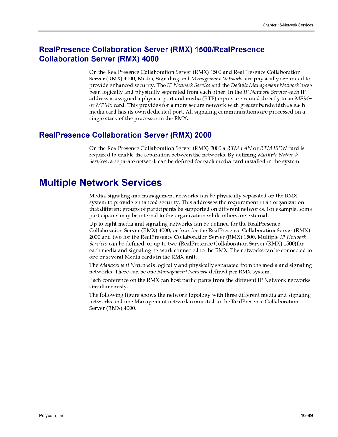 Polycom DOC2702A, RMX 1500 manual Multiple Network Services, RealPresence Collaboration Server RMX, 16-49 