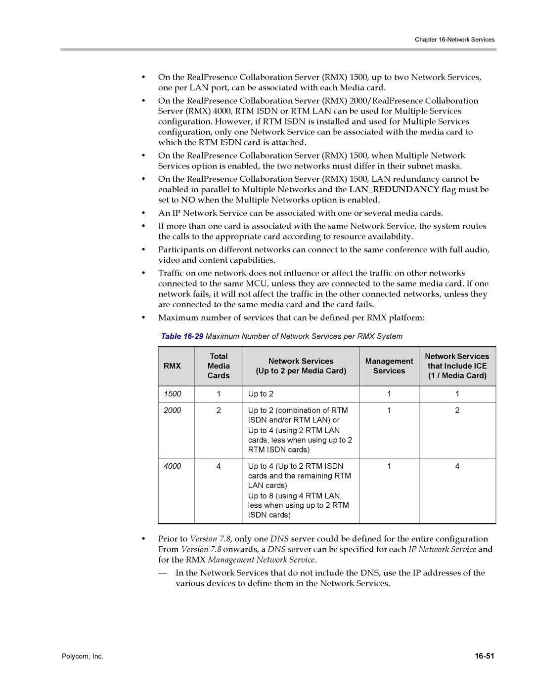 Polycom DOC2702A, RMX 1500 manual 29Maximum Number of Network Services per RMX System, 16-51 