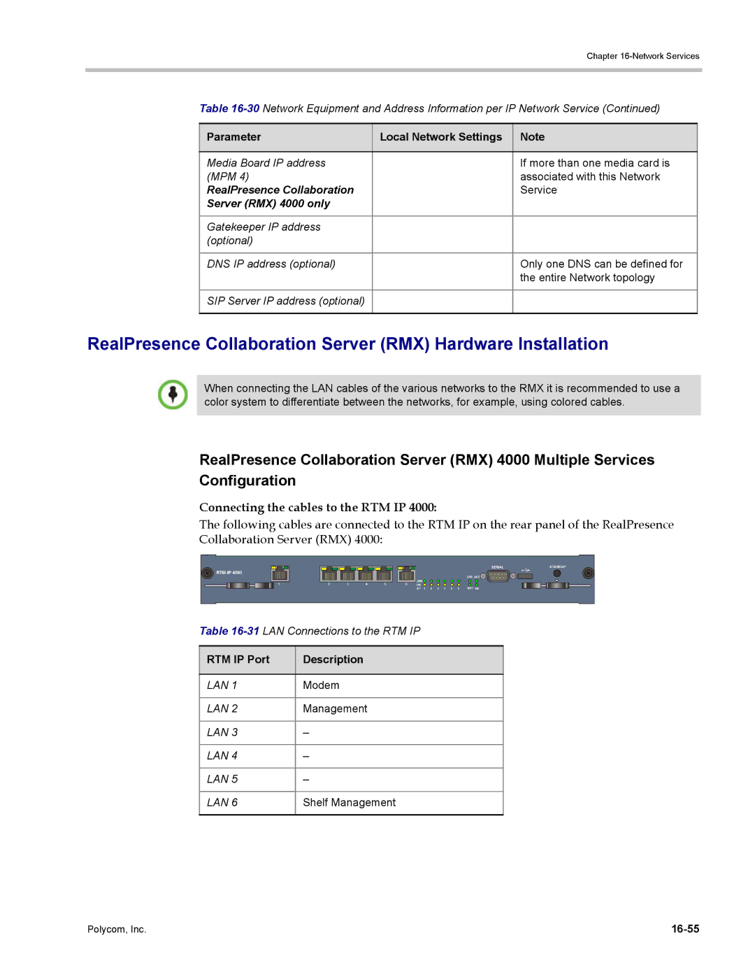 Polycom DOC2702A RealPresence Collaboration Server RMX Hardware Installation, Connecting the cables to the RTM IP, 16-55 