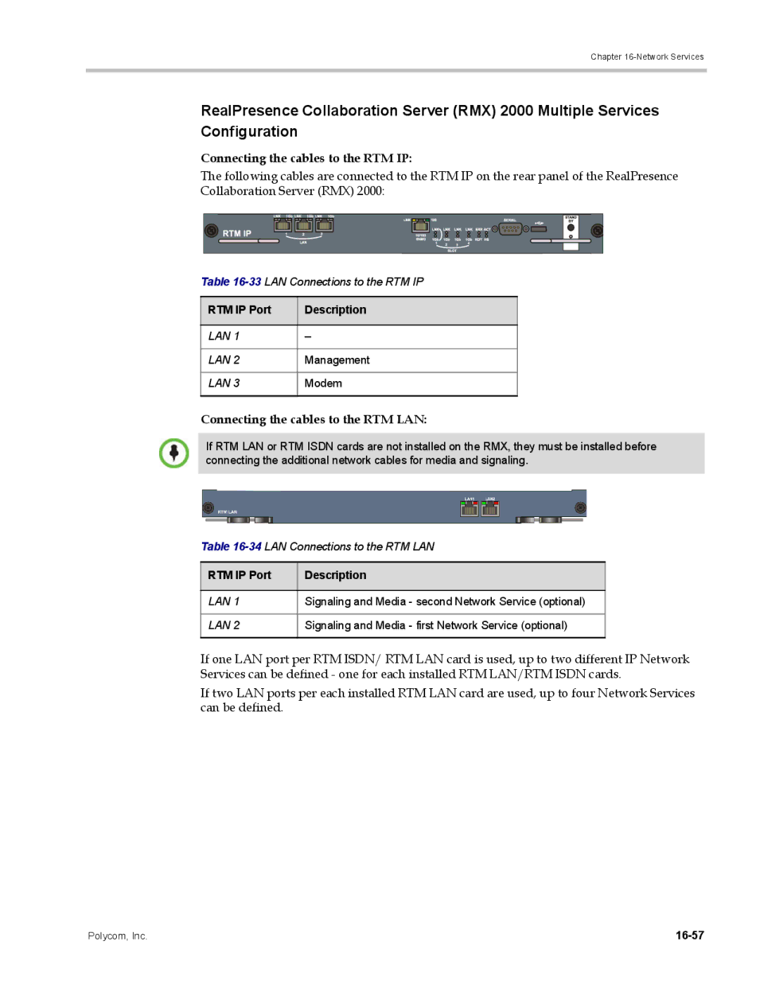 Polycom DOC2702A, RMX 1500 manual 33LAN Connections to the RTM IP, 34LAN Connections to the RTM LAN, 16-57 