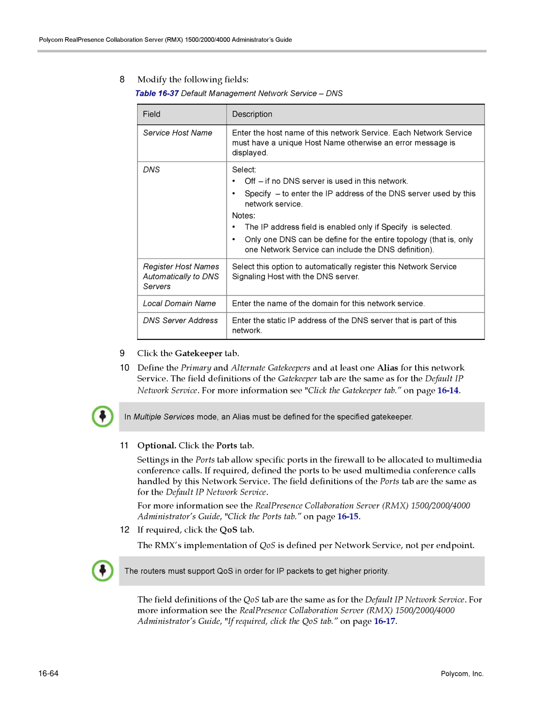 Polycom RMX 1500, DOC2702A manual Optional. Click the Ports tab, 37Default Management Network Service DNS 