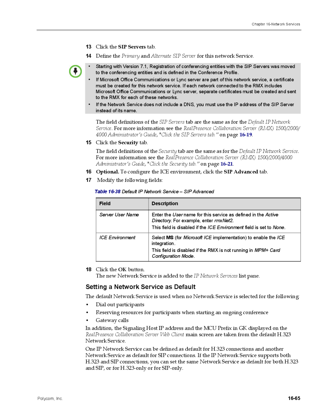 Polycom DOC2702A, RMX 1500 manual Setting a Network Service as Default, 38Default IP Network Service SIP Advanced, 16-65 