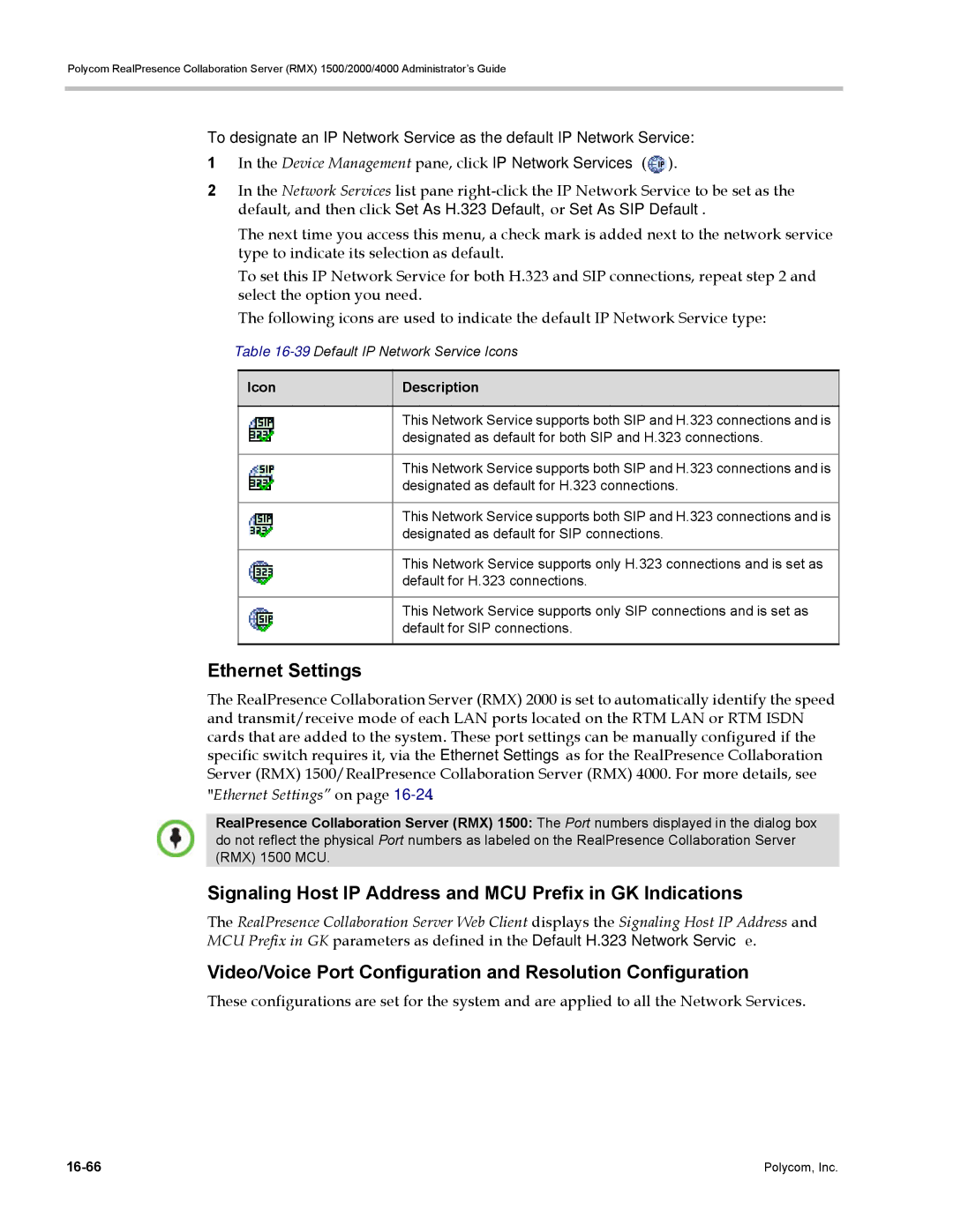 Polycom RMX 1500 Signaling Host IP Address and MCU Prefix in GK Indications, Ethernet Settings on, Icon Description 